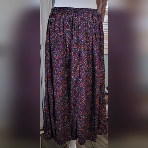 Vinatge 80's Midi Skirt Women's 16 Black, Purple & Multi Paisley Elastic Waistba - Picture 4 of 12
